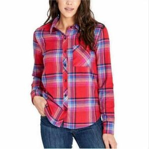 Orvis Laurie Plaid Button Down Long Sleeve Flannel Shirt in Red Blue Plaid sz L